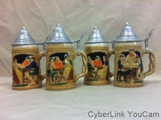 Set Of 4 Vintage Ceramic Lidded Pewter Beer Steins 7 " Tall
