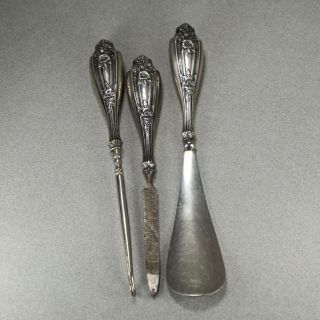 Vintage Sterling Silver 3 Piece Vanity Set Shoe Horn,  Button Hook,  File - - 2700