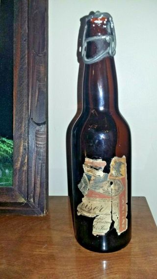 Vintage Budweiser Beer Bottle Brown Prohibition Part Label & Metal Closure