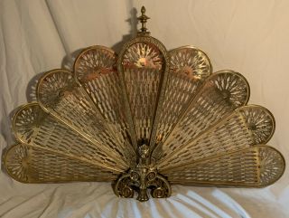 Vintage Mid Century Brass Folding Fan Fireplace Screen Phoenix Gargoyle Griffon