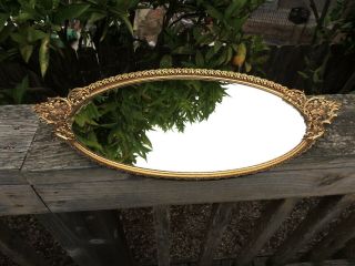 Vintage Matson Gold Ormolu Vanity Tray Wall Mirror Basket Of Flowers 18.  5 "