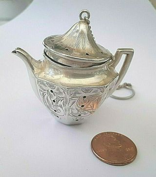 Antique Victorian Sterling Silver Tea Pot Shaped Tea Strainer With 4 1/2  Chain