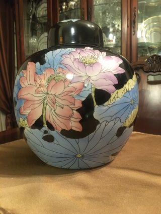Large Vintage Chinese Ginger Jar Hand Painted Leaves & Flowers Vase With Lid