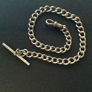 Victorian Solid Silver Albert Watch Chain With T Bar And Clip