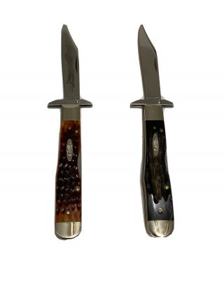 Case Xx Buffalo Horn & Chestnut Bone Cheetahs - 2 Knives With Boxes