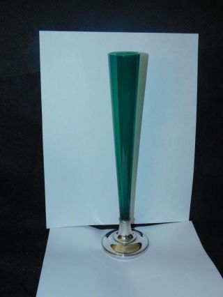 Vintage Green Glass Tall Bud Vase W Sterling Base 10 1/2 " Wolfenden