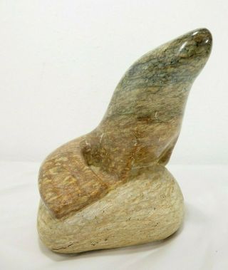Vtg Signed Carved Stone Sea Lion Art Sculpture; Inuit? Eskimo? Seal Walrus Pnw