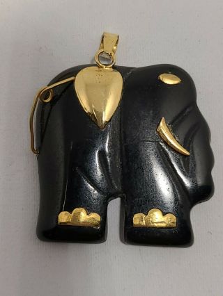 India Vtg 14k Yellow Gold Carved Black Onyx/jade Elephant Pendant