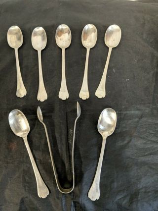 Art Deco Hanoverian Style Solid Sterling Silver 7 Spoons And Pair Tong 