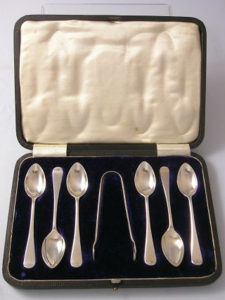 Lovely Box Set 6 1924 George V Silver Coffee Spoons & Tongs 69 Grams James Dixon