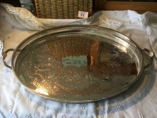 Large Vintage Silver Plated Oval Gallery Serving Drinks Tray 45cm X 34cm