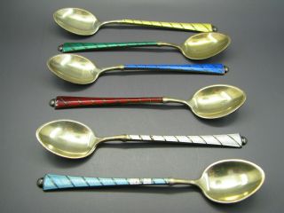 Ela Denmark Sterling Silver Gilt Wash Demitasse Spoons Guilloche Enamel Vtg Set