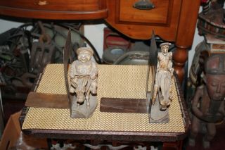 Vintage J Pinal Signed Wood Carving Bookends Don Quixote Sancho Panza Pair