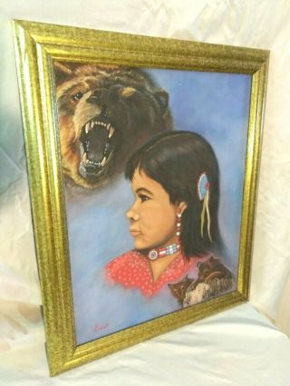 Vintage Cherokee Oil Painting Portrait Native American Indian Girl Woman F.  Gawf