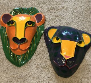 Gina Truex Paper Mache Masks Vintage Signed Store Displays Lion Cat