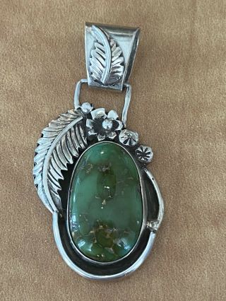 Stunning Vintage Navajo Turquoise Feather Sterling Silver Pendant Signed Lm 2”l