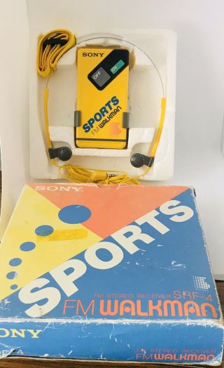 Vtg.  Sony Sports Fm Walkman,  Srf - 4,  With Belt Clip,  Earphones And Box Minty