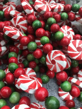 40’ Vintage Red & Green Wood Bead Peppermint Candy Garland Christmas Decoration