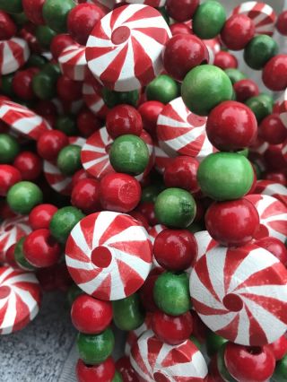 40’ Vintage Red & Green Wood Bead Peppermint Candy Garland Christmas Decoration 2