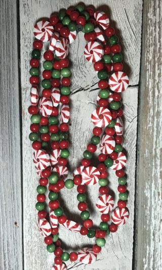 40’ Vintage Red & Green Wood Bead Peppermint Candy Garland Christmas Decoration 3