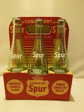Vintage Canada Dry Spur 6pk Paper Carrier With 6 Green Spur Soda 12 Oz Bottles