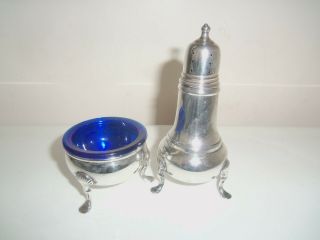 Fine Old Footed Sterling Pepper Shaker,  Open Salt Dish With Liner,  And Spoon