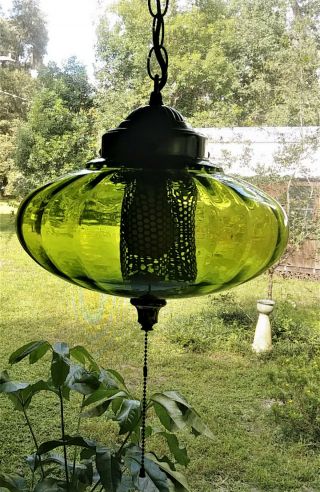 Vintage Retro Mcm Regency Green Glass Hanging Swag Lamp With Chain