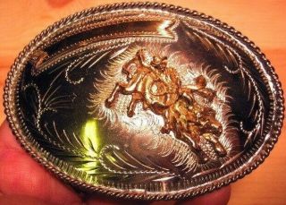 Vintage Hand Made Cowboy On Bucking Bull 1 Banner Western Belt Buckle