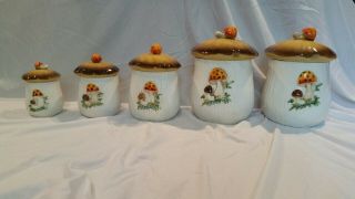 Vintage Merry Mushroom Ceramic Canister Set Of 5 Sears Roebuck And Co.  1976