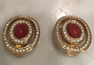 Vintage Christian Dior Faux Coral Rhinestone Gold Tone Clip Earrings