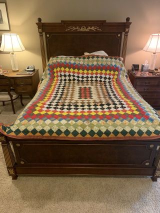 Handmade Vintage Multicolored Quilt Around The World Pattern 81”x 72” Queen Full