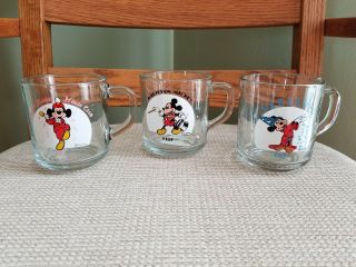 Vintage Set Of Three Mickey Mouse Clear Glass Mugs 1937,  1940,  1955
