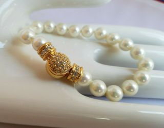 Vintage Christian Dior Faux Pearl Snap Bracelet Rhinestone Gold Tone Classic
