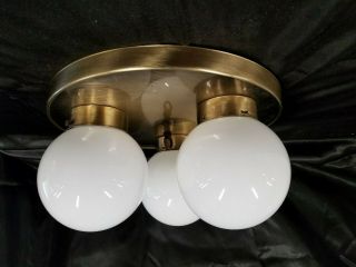 Vtg Mid Century Modern Brass 3 White Round Globe Flush Ceiling Light Fixture