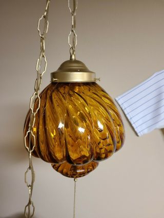 Vintage Retro Hanging Swag Lamp Amber Colored Pull Type