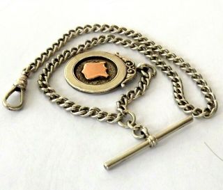 Antique Sterling Silver Albert Watch Chain With 1923 Silver And Gold Fob