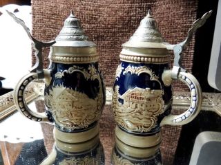 Vintage Small German Beer Steins Traditional Scenes In Cobalt Blue Dbgm