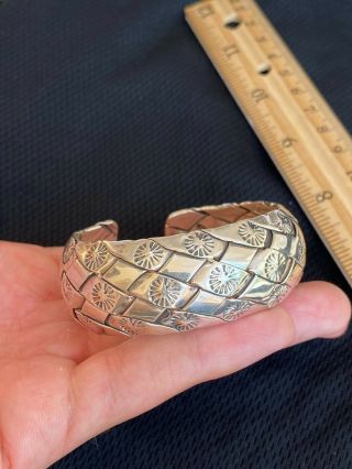 Vintage Sterling Silver Taxco Mexico Tribal Native Stamped Cuff Bracelet - 41g