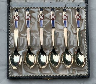 Estate Meka Denmark Sterling Silver Enamel Royal Guard Demi Spoon Set Of 6 2