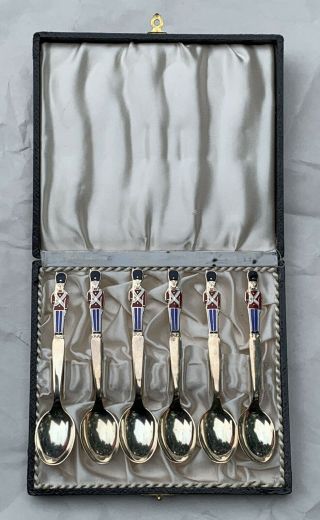 Estate Meka Denmark Sterling Silver Enamel Royal Guard Demi Spoon Set Of 6 3