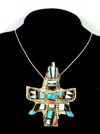 Vintage Zuni Sterling Silver Multi - Stone Inlay Knifewing Necklace/pin