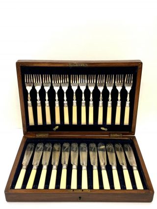 Cased Set Of Twelve Fish Knives And Forks Silver Collars In Fitted Oak Case