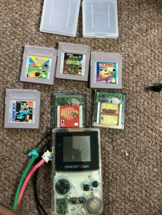 Vintage Nintendo Gameboy Color Clear Body,  6 Games Pac Man Yu Gi Oh Zelda Trek