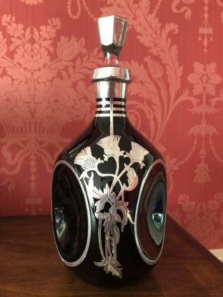 Art Nouveau Antique Silver Overlay Black Glass Pinch Decanter Whiskey Circa 1990