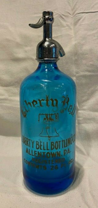 Vintage Cobalt Blue Liberty Bell Bottling Co.  Allentown,  Pa 26 Oz Seltzer Bottle