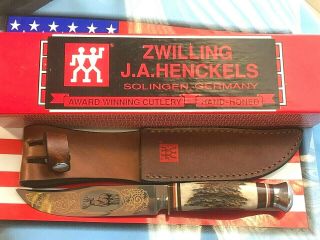 J A Henckels (friodur) Fixed Blade Hunter W/ Great Stag Handle & Deer Etch - Nos