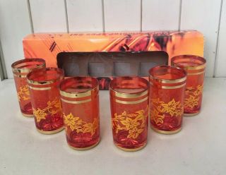 Set 6 X French Red / Orange Gold Glass Tumblers Drink Glasses Vintage Retro