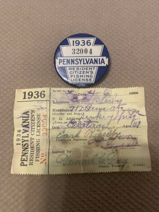 1936 Pa Pennsylvania Fishing License W Matching Paper
