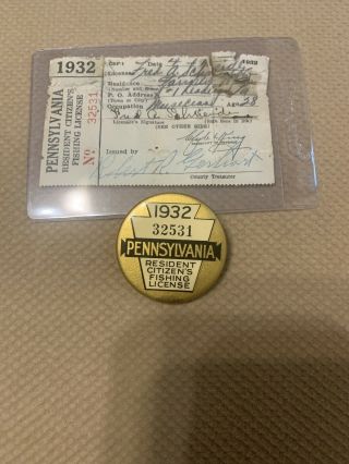 1932 Pa Pennsylvania Fishing License W Matching Paper