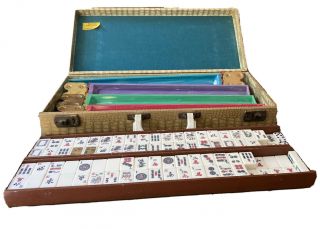 Vintage Cardinal Mah Jongg Mahjong Set 152 Tiles Blonde Case 4 Racks In Case